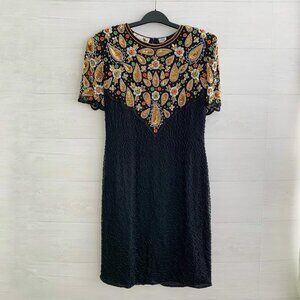 NWT Vintage Laurence Kazar - Black beaded silk open back sheath dress, L